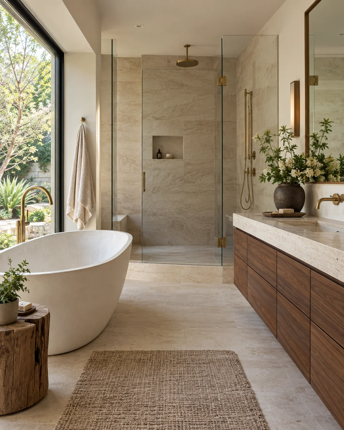 Bathroom with natural stone, a walnut vanity and warm garden light