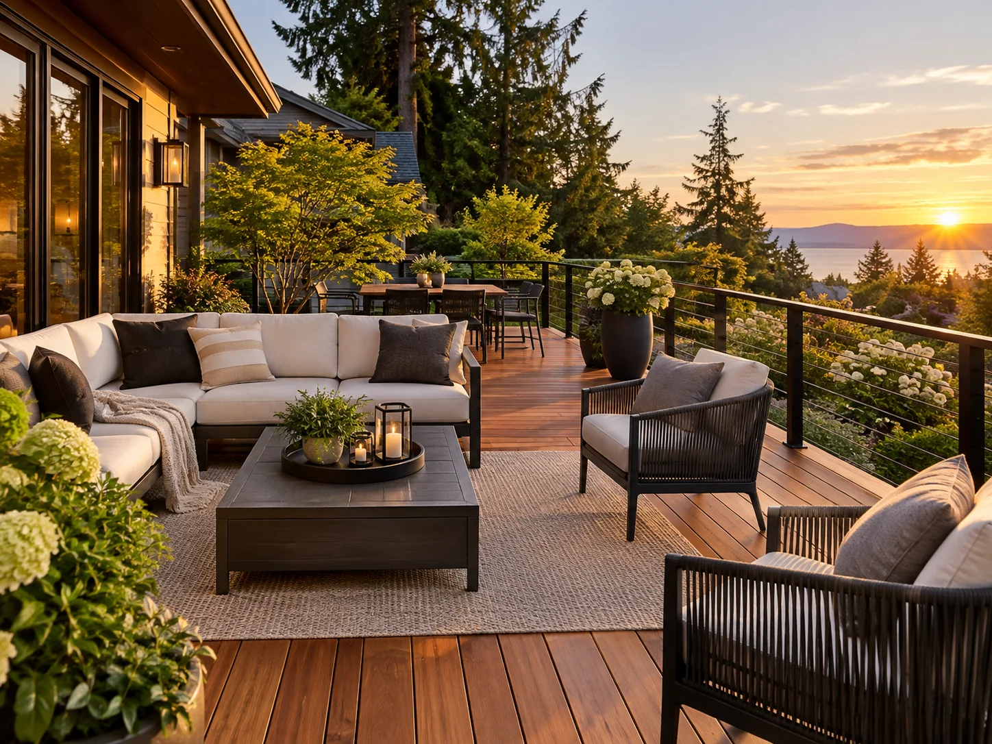 A cedar deck terrace with contemporary seating and lush planting
