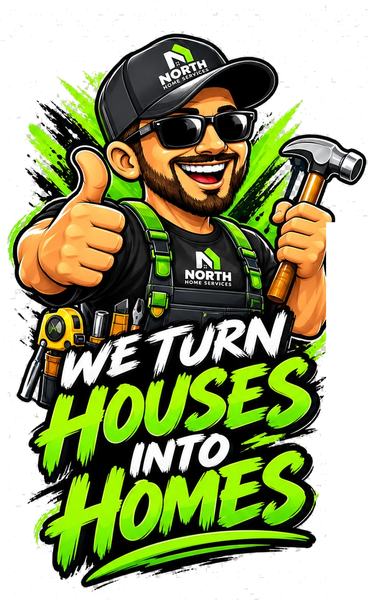 The North Home Services crew mascot giving a thumbs-up, hammer in hand: We turn houses into homes.